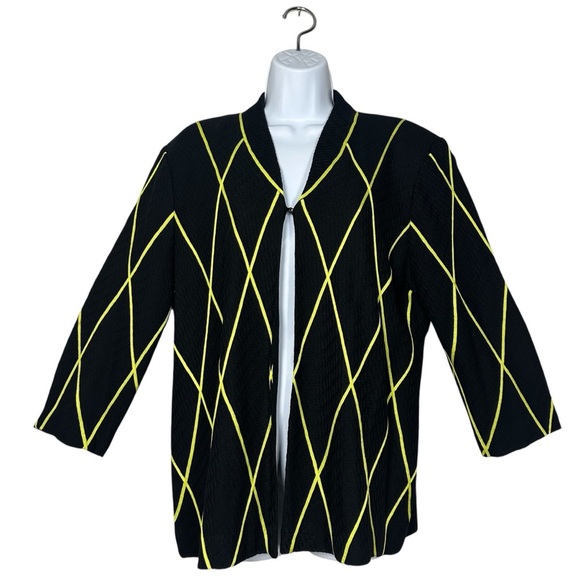 Misook XL Black Knit Cardigan Jacket Chartreuse Yellow Diamond 3/4 Sleeve Career - Picture 1 of 11
